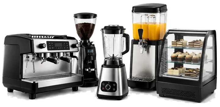 Coffee shop and beverage equipment including espresso machine, grinder, blender and display chiller