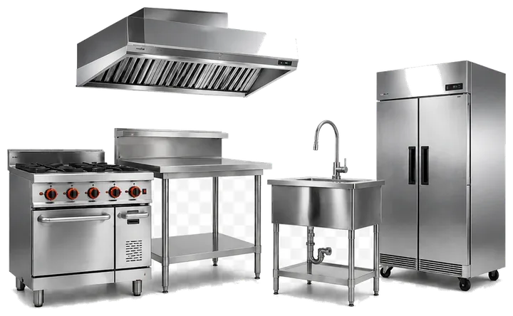 Commercial kitchen equipment including range, hood, sink, table and refrigerator