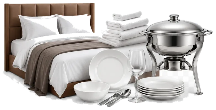 Hotel supplies including bed, towels, tableware and chafing dish