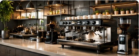 Modern coffee shop counter with espresso equipment