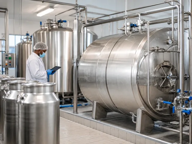 Modern dairy processing plant with stainless tanks