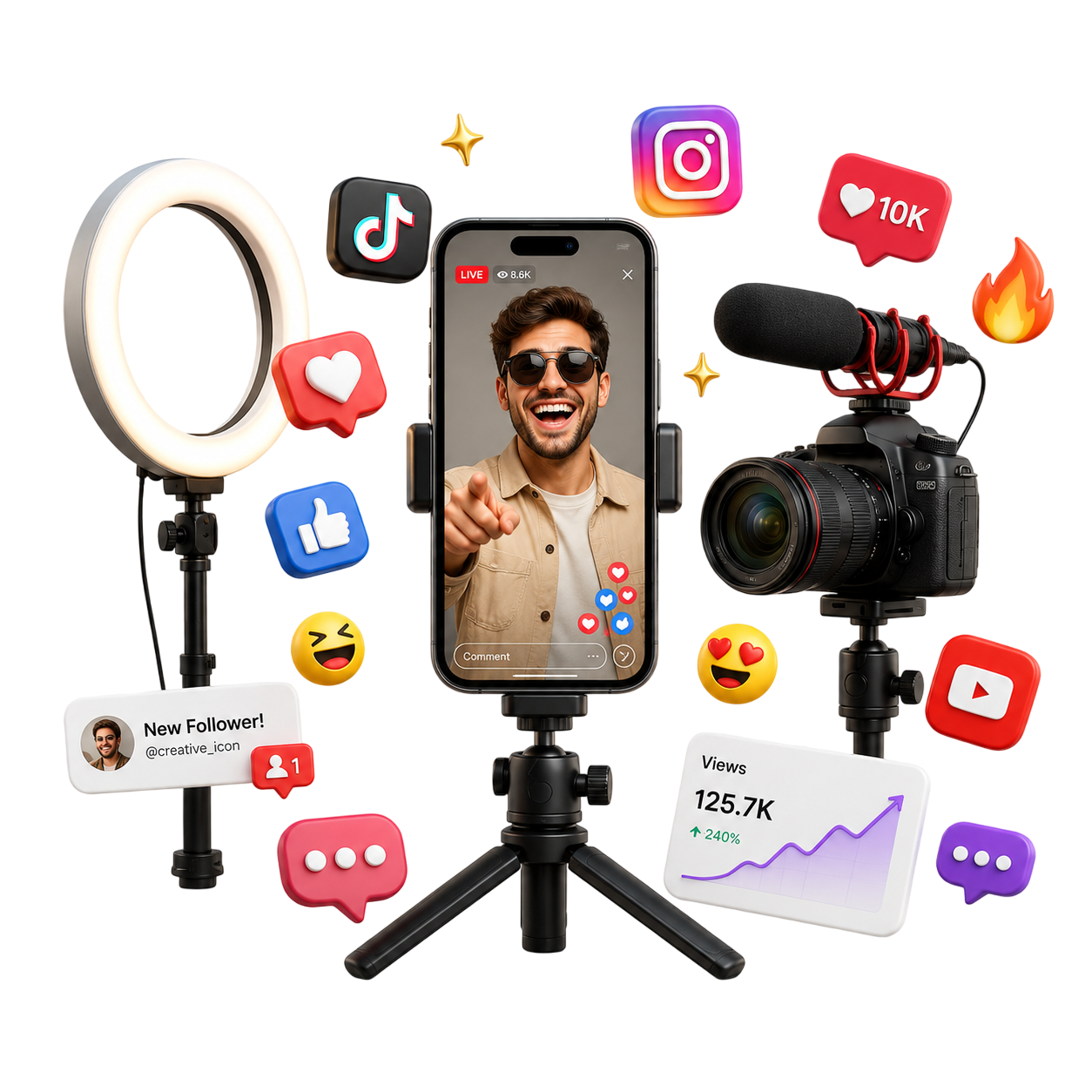Content creation setup with social media icons, camera, microphone and phone