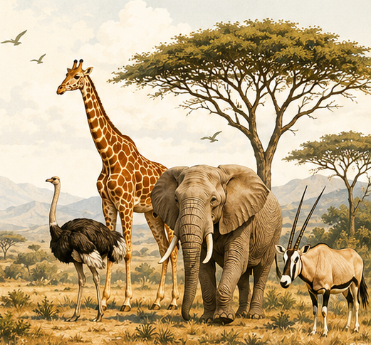 Savannah wildlife with giraffe, elephant, ostrich and oryx