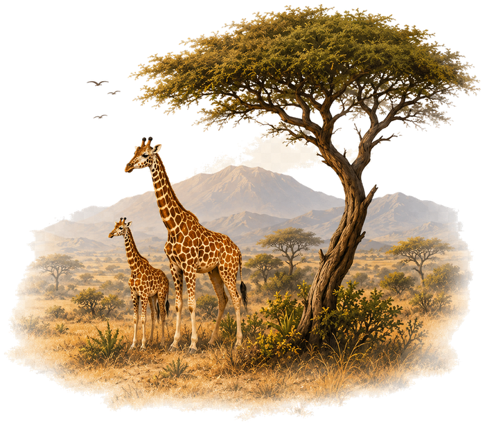 Giraffes under an acacia tree representing community-led conservation