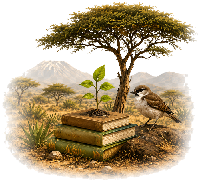 Books, sprout and bird representing education and awareness
