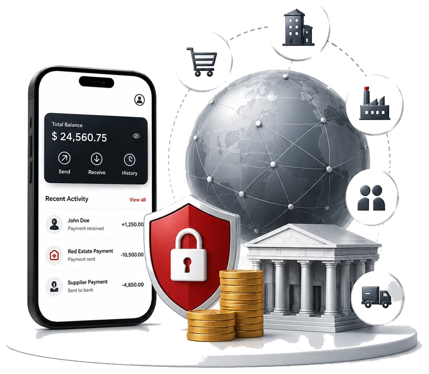 NIH Bank digital wallet, escrow protection, global commerce and banking ecosystem