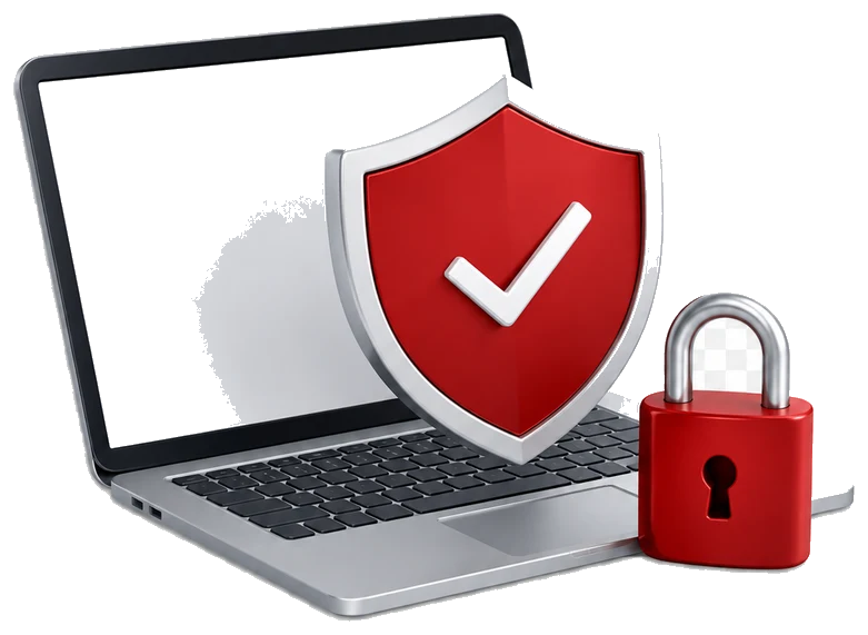 Secure value proposition illustration with laptop, shield and lock