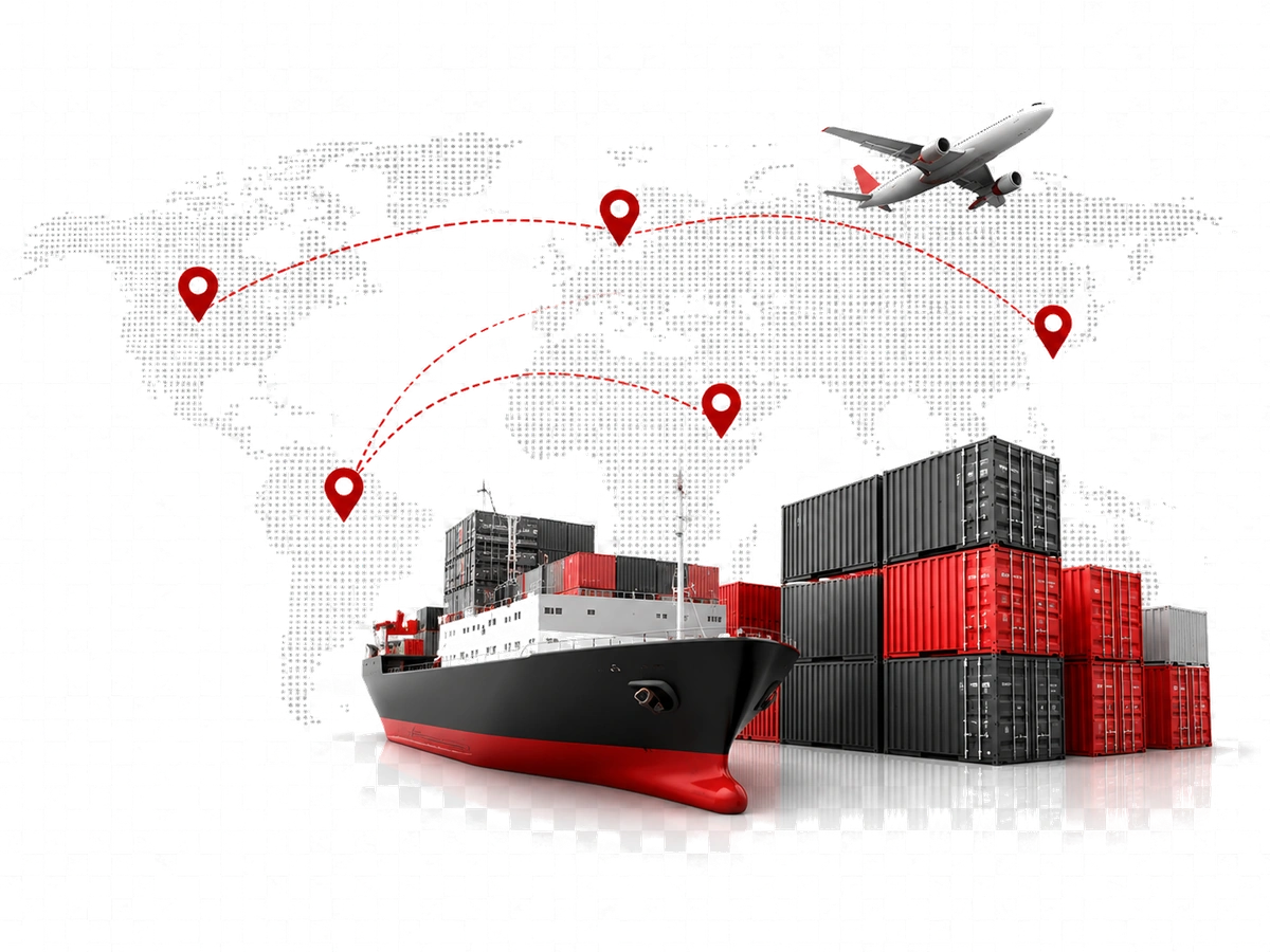 Global shipping, trade routes, aircraft and cargo containers
