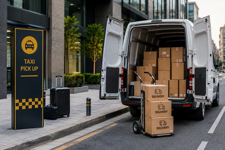 Taxi pickup and delivery van with parcels